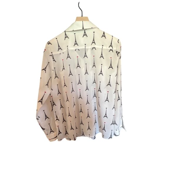 Karl Lagerfeld Paris Eiffel Tower Print Long Sleeve Button-Up Blouse L - Picture 2 of 4